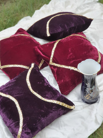 Velvet Luxe Cushion Covers – Burgundy & Plum with Gold Detailing(set of 2)
