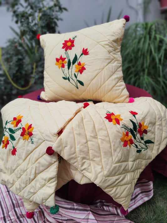 Hand-Embroidered Floral Quilted Accent Cushion(set of 5)