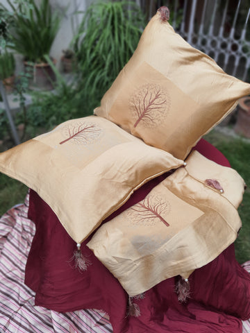 Elegant Gold Silk-Finish Cushion & Throw Pillow Set with Tree Motif(set of five)