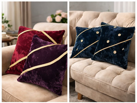 Velvet Luxe Cushion Covers – Burgundy & Plum with Gold Detailing(set of 2)