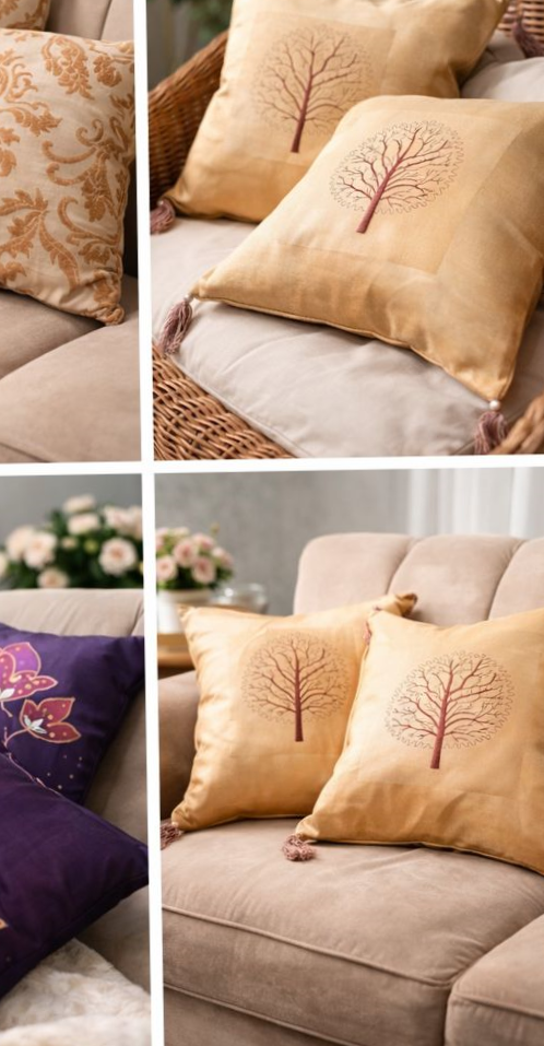 Elegant Gold Silk-Finish Cushion & Throw Pillow Set with Tree Motif
